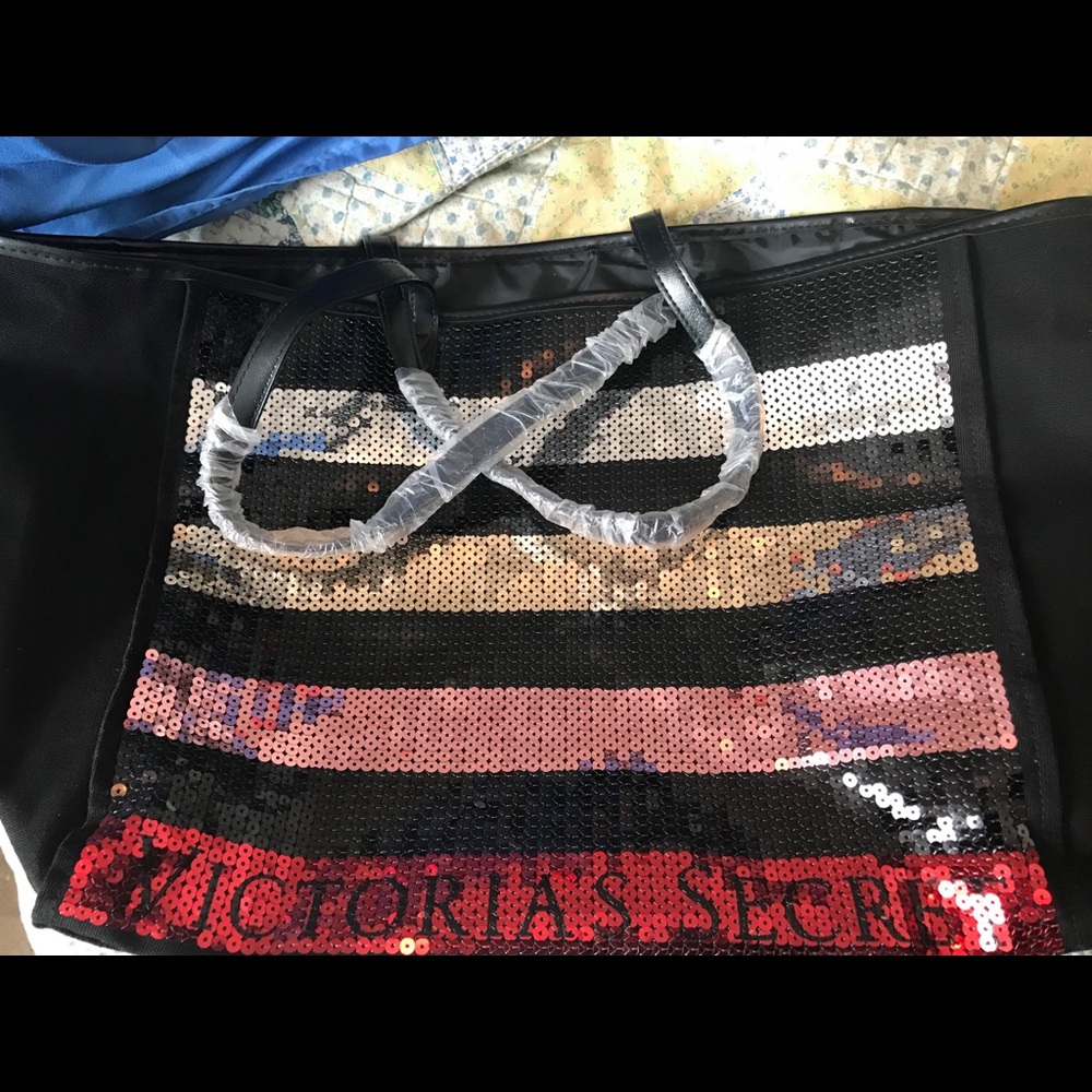 Victoria secret bling stripe sequin carryall tote
